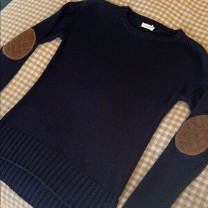 Harper Navy Crewneck Sweater with Brown Elbow Patches